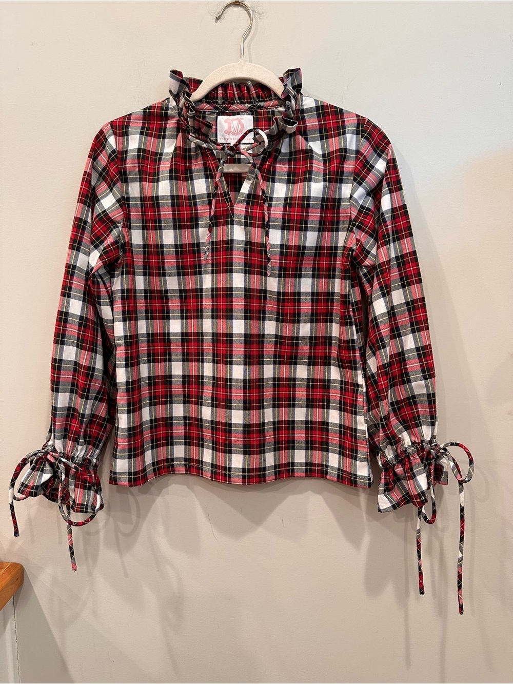 Victoria Dunn Red, White Black Plaid Ruffle Tie-Neck & Sleeve Blouse Holiday XS - Picture 3 of 12